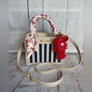 Betsey Johnson Cream Navy Striped Top-Handle Crossbody Bag Red Lobster Charm